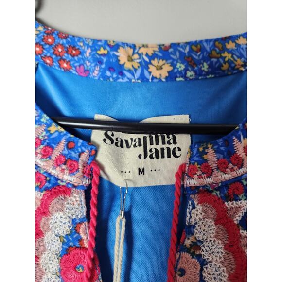 Savanna Jane Dress Size Medium Blue Floral Embroidered Lined Sleeveless Tassels - Picture 2 of 7